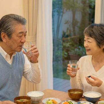 夕食前に炭サプリを飲むシニア夫婦のイメージ画像