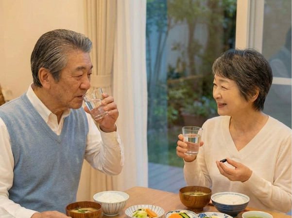 夕食前に炭サプリを飲むシニア夫婦のイメージ画像