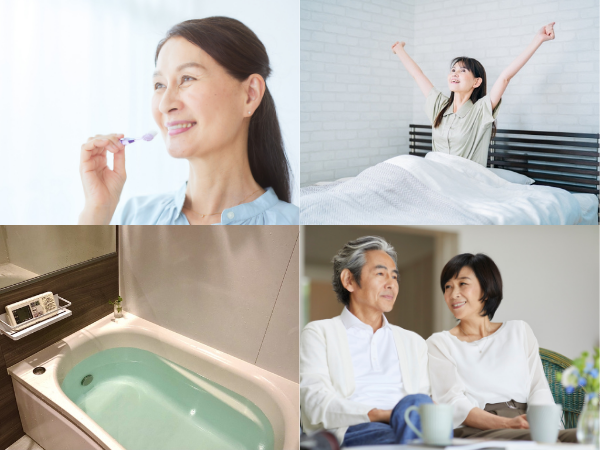 歯磨き・朝日・入浴・笑いのイメージ画像