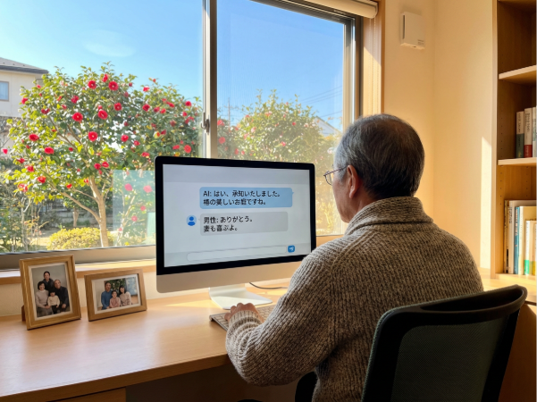 AIと会話するシニア男性