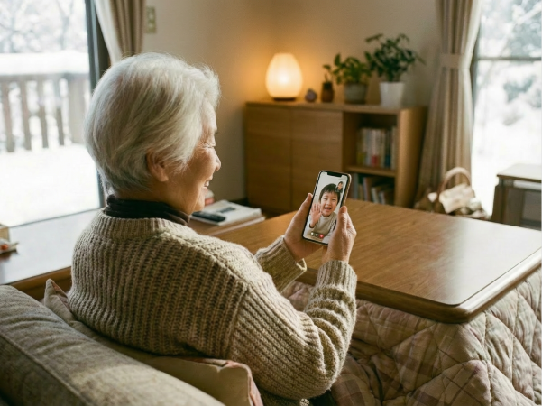 孫とスマホで会話するシニア女性