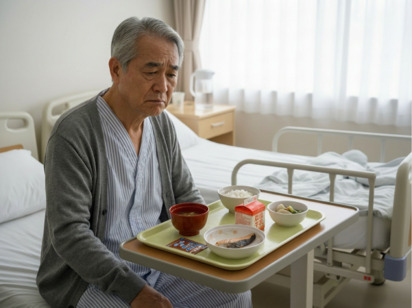 病院食に手が伸びないシニア男性のイメージ画像