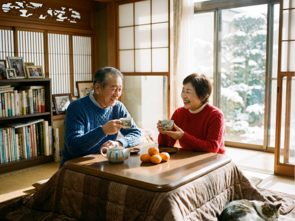 こたつでお茶を飲むシニア夫婦のイメージ画像