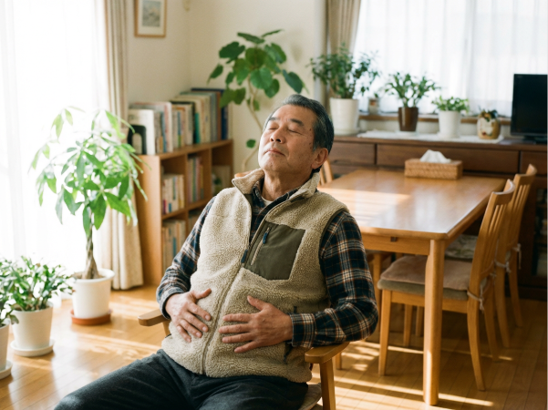 深呼吸をするシニア男性のイメージ画像