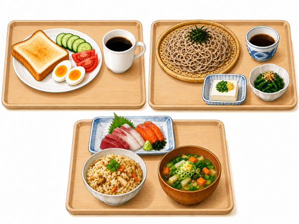 チェックにひっかかったメニューを改善した3食分の例、腎臓によい選び方が出来ている献立3例