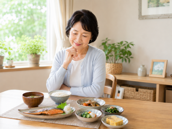 シニア女性が食卓で食事を前に考えているイメージ画像