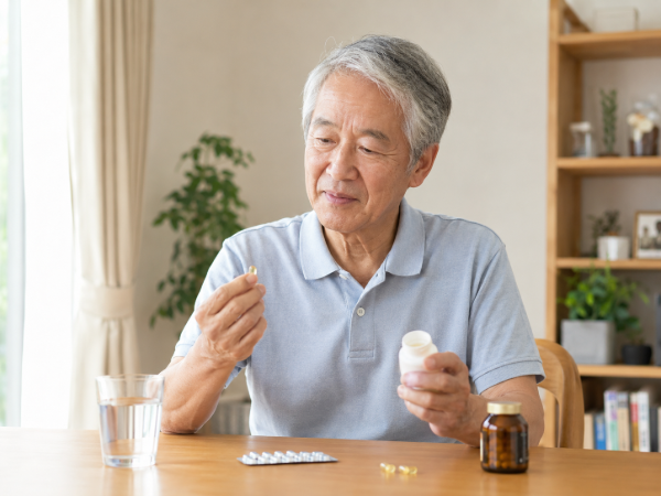 薬とサプリメントの飲むタイミングについて考えているシニア男性のイメージ画像