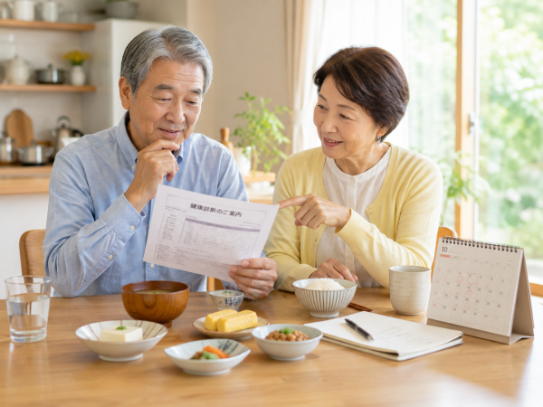 健康診断や血液検査の前に、気をつけるべきことを確認しているシニア夫婦のイメージ画像