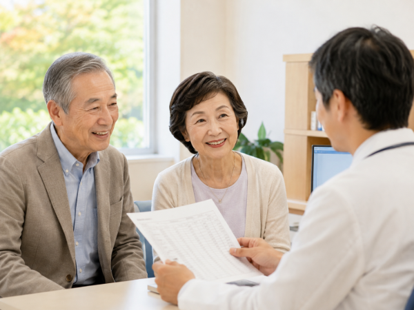 診察室で医師と話しているシニア夫婦のイメージ画像