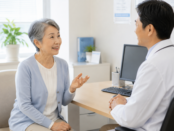 診察室で医師とシニア女性が穏やかに会話しているイメージ画像
